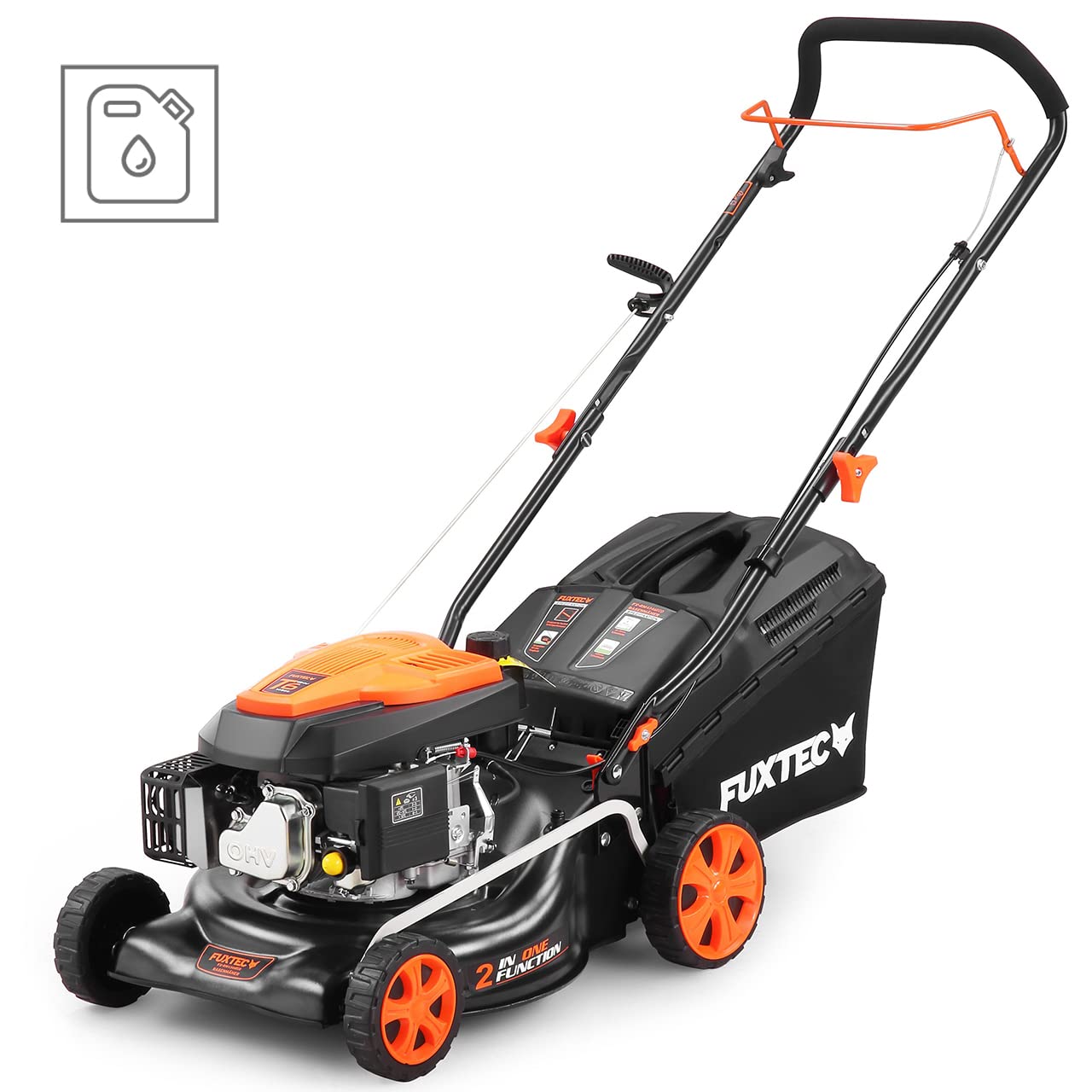FUXTEC 3in1 Benzin Rasenmäher FX-RM4646ECO 3,5PS / 2,6kW | 46cm Schnittbreite & 7-stufige Schnitthöhenverstellung 25-75mm| 4-Takt Mäher - Inkl. 50L Grasfangkorb, Mulchfunktion & Reinigungsanschluss