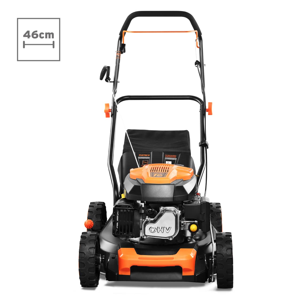 FUXTEC 3in1 Benzin Rasenmäher FX-RM4646ECO 3,5PS / 2,6kW | 46cm Schnittbreite & 7-stufige Schnitthöhenverstellung 25-75mm| 4-Takt Mäher - Inkl. 50L Grasfangkorb, Mulchfunktion & Reinigungsanschluss