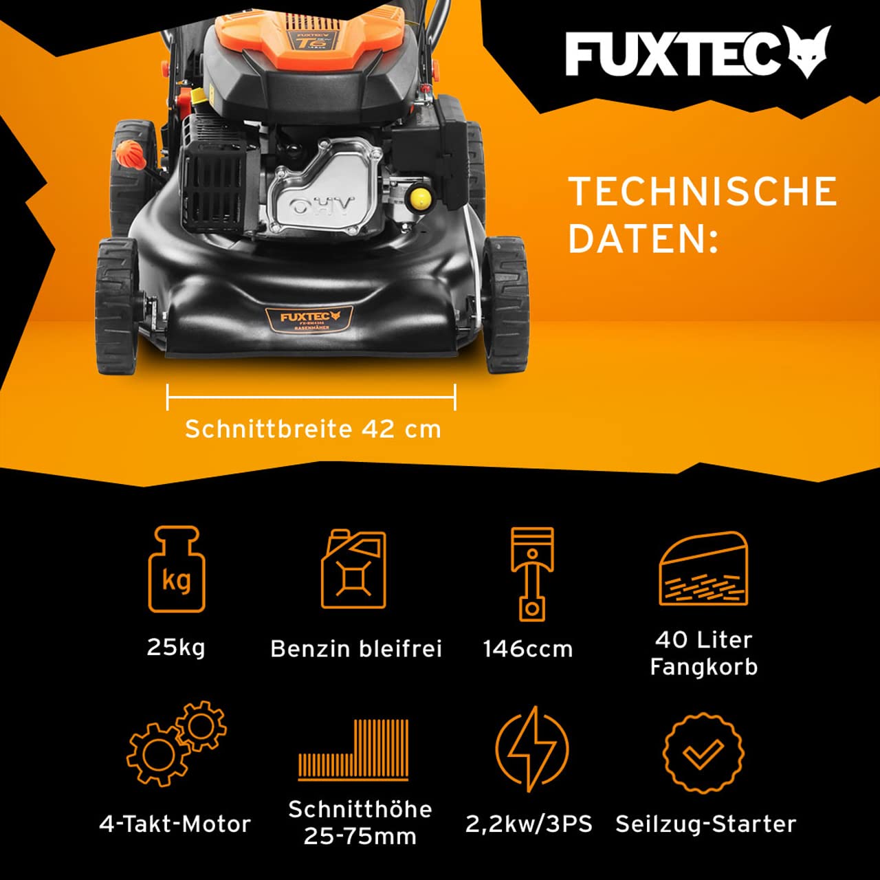 FUXTEC 3in1 Benzin Rasenmäher FX-RM4646ECO 3,5PS / 2,6kW | 46cm Schnittbreite & 7-stufige Schnitthöhenverstellung 25-75mm| 4-Takt Mäher - Inkl. 50L Grasfangkorb, Mulchfunktion & Reinigungsanschluss