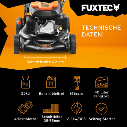 FUXTEC 3in1 Benzin Rasenmäher FX-RM4646ECO 3,5PS / 2,6kW | 46cm Schnittbreite & 7-stufige Schnitthöhenverstellung 25-75mm| 4-Takt Mäher - Inkl. 50L Grasfangkorb, Mulchfunktion & Reinigungsanschluss