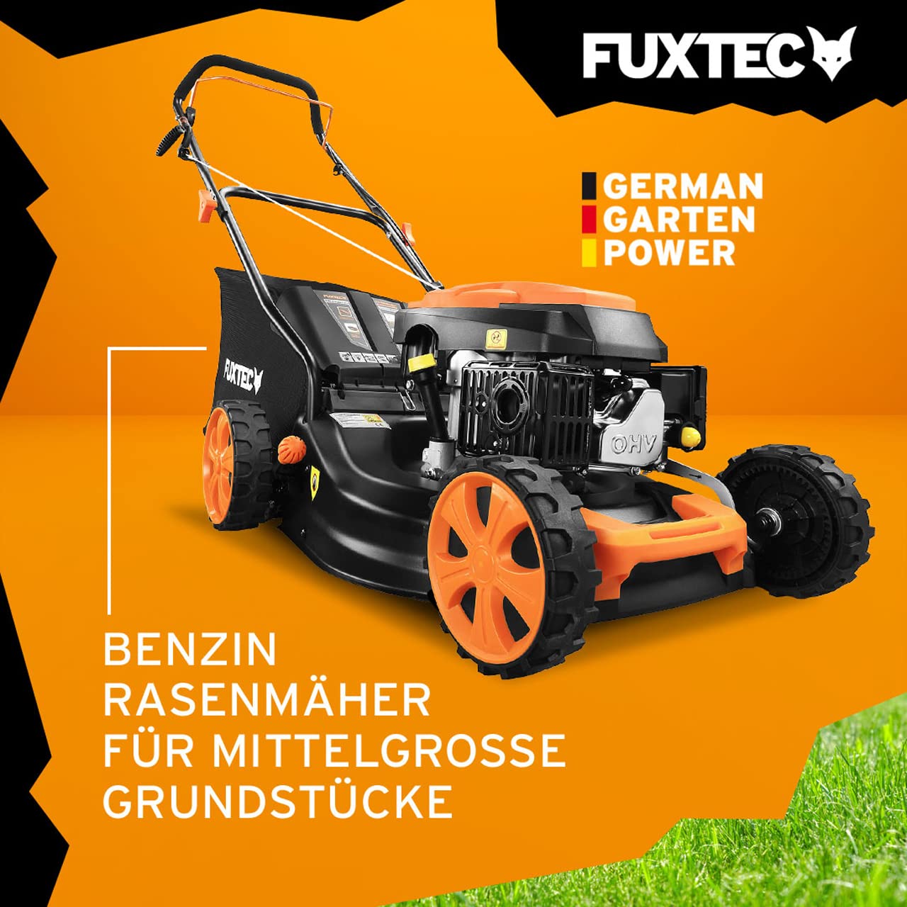FUXTEC 3in1 Benzin Rasenmäher FX-RM4646ECO 3,5PS / 2,6kW | 46cm Schnittbreite & 7-stufige Schnitthöhenverstellung 25-75mm| 4-Takt Mäher - Inkl. 50L Grasfangkorb, Mulchfunktion & Reinigungsanschluss