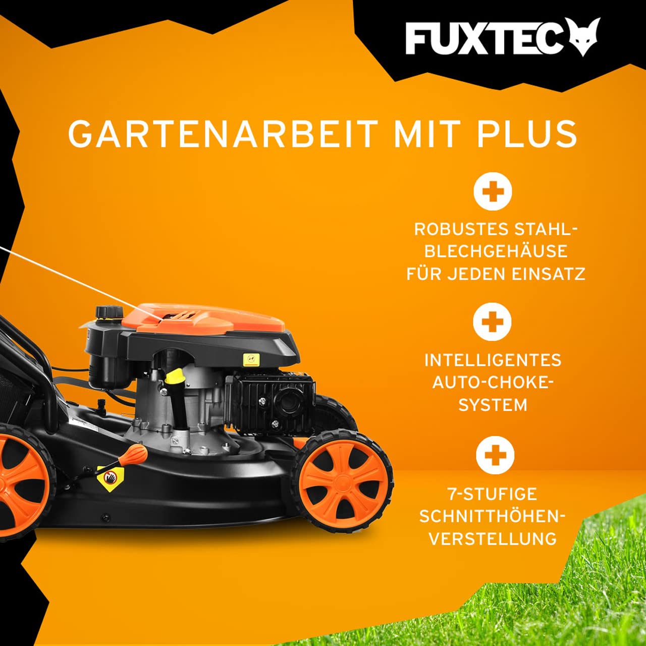FUXTEC 3in1 Benzin Rasenmäher FX-RM4646ECO 3,5PS / 2,6kW | 46cm Schnittbreite & 7-stufige Schnitthöhenverstellung 25-75mm| 4-Takt Mäher - Inkl. 50L Grasfangkorb, Mulchfunktion & Reinigungsanschluss