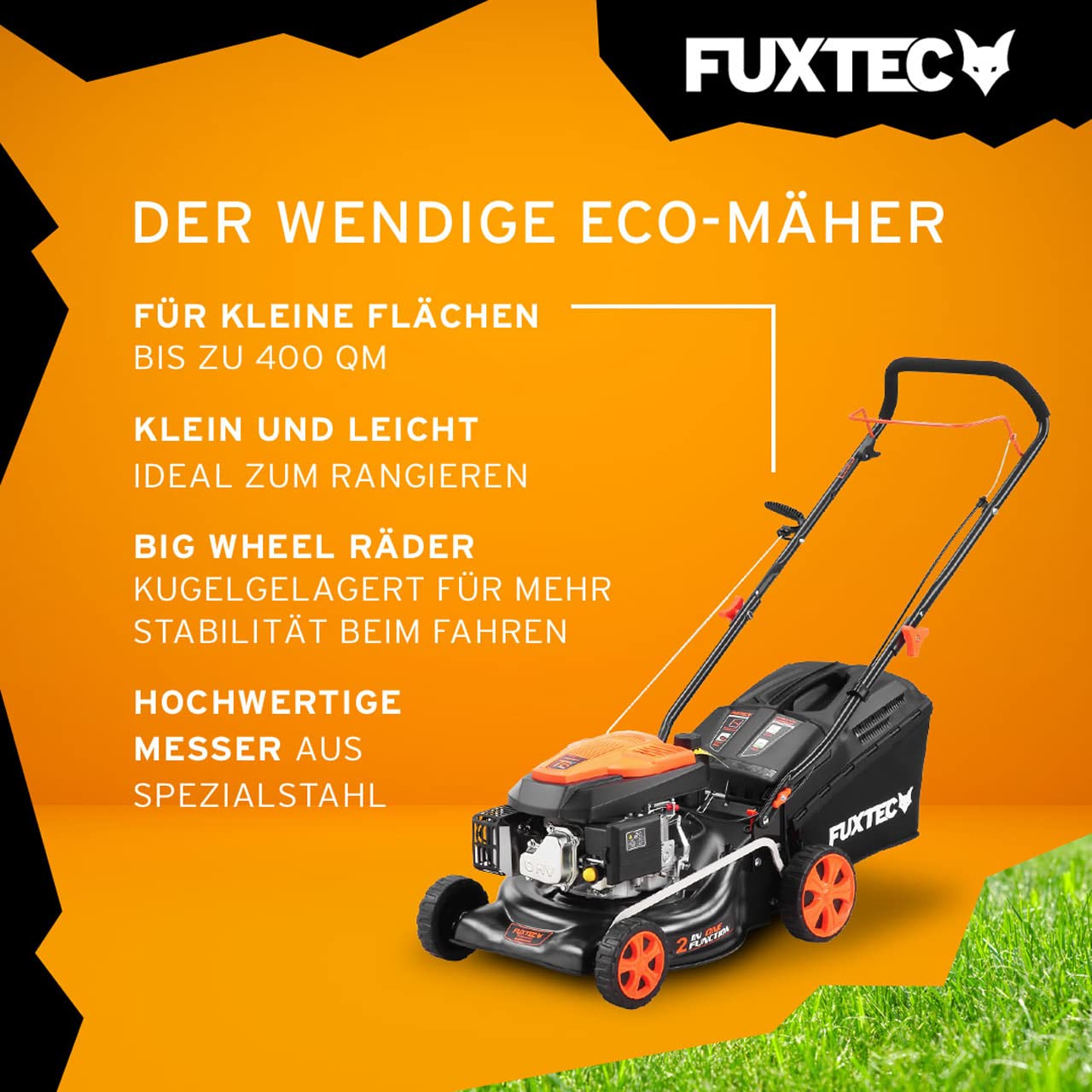 FUXTEC 3in1 Benzin Rasenmäher FX-RM4646ECO 3,5PS / 2,6kW | 46cm Schnittbreite & 7-stufige Schnitthöhenverstellung 25-75mm| 4-Takt Mäher - Inkl. 50L Grasfangkorb, Mulchfunktion & Reinigungsanschluss