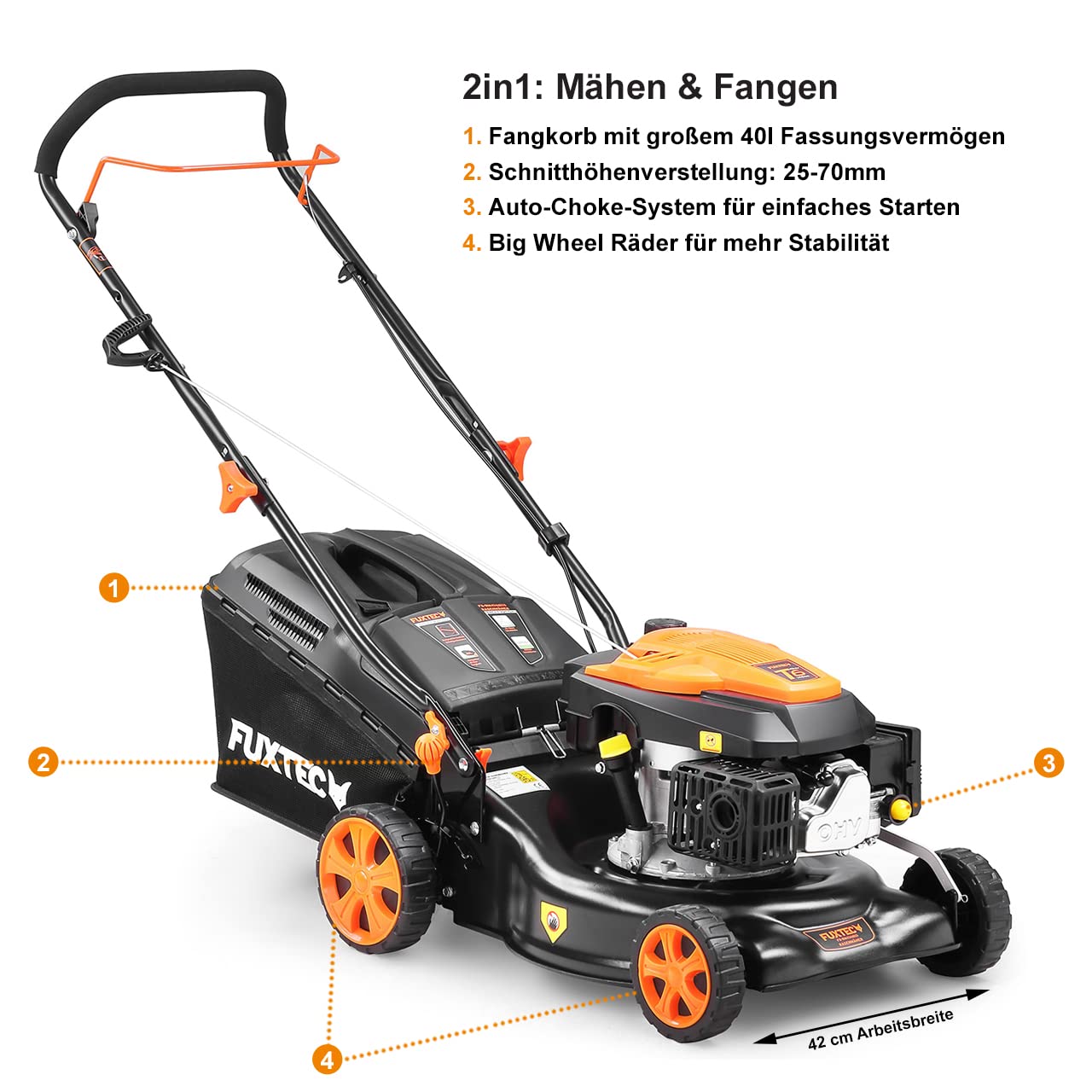 FUXTEC 3in1 Benzin Rasenmäher FX-RM4646ECO 3,5PS / 2,6kW | 46cm Schnittbreite & 7-stufige Schnitthöhenverstellung 25-75mm| 4-Takt Mäher - Inkl. 50L Grasfangkorb, Mulchfunktion & Reinigungsanschluss