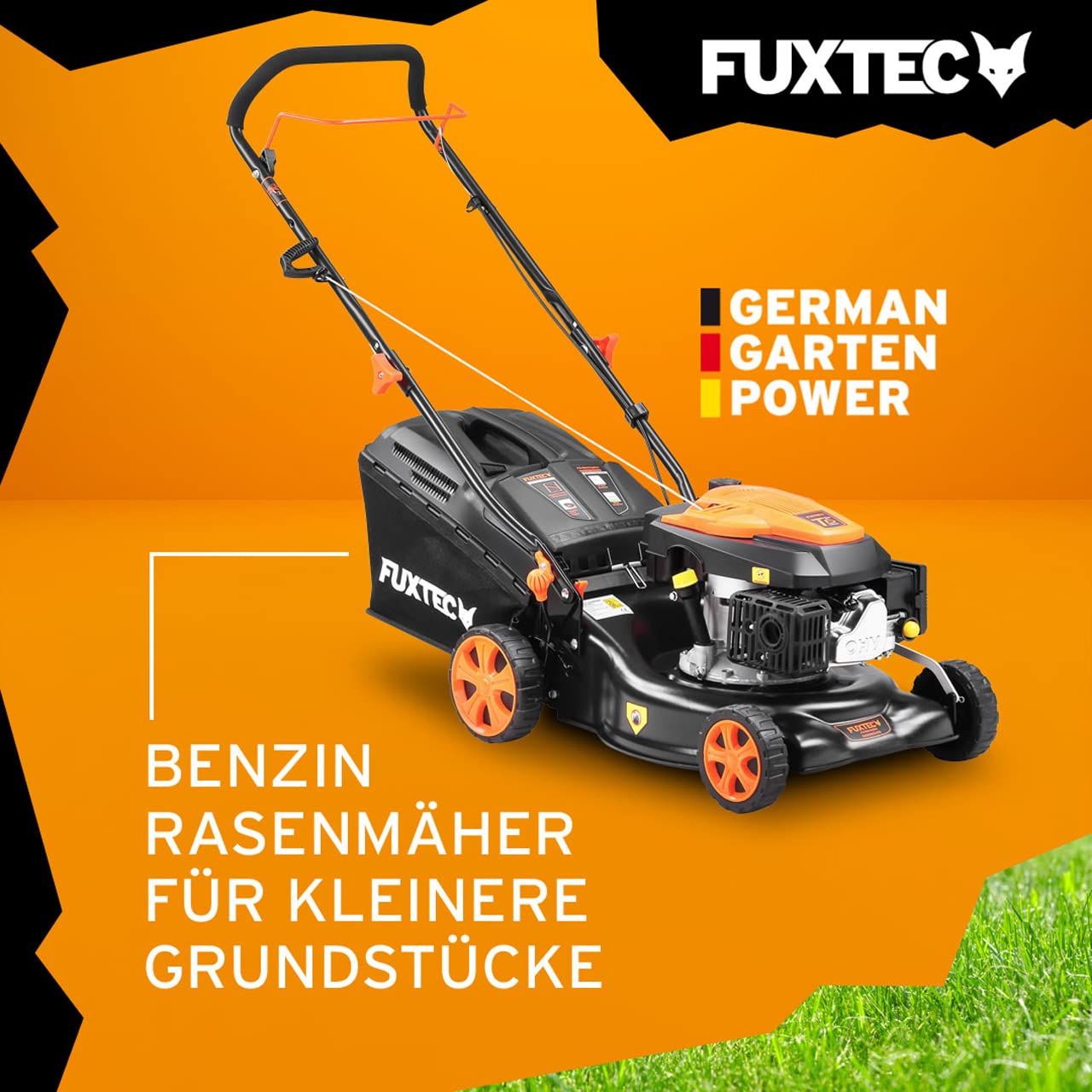 FUXTEC 3in1 Benzin Rasenmäher FX-RM4646ECO 3,5PS / 2,6kW | 46cm Schnittbreite & 7-stufige Schnitthöhenverstellung 25-75mm| 4-Takt Mäher - Inkl. 50L Grasfangkorb, Mulchfunktion & Reinigungsanschluss