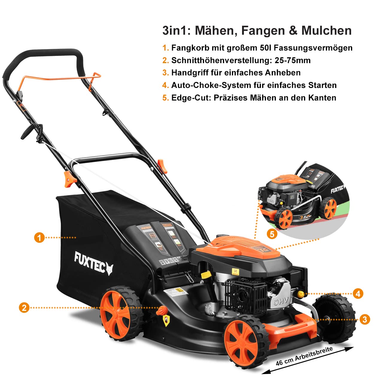 FUXTEC 3in1 Benzin Rasenmäher FX-RM4646ECO 3,5PS / 2,6kW | 46cm Schnittbreite & 7-stufige Schnitthöhenverstellung 25-75mm| 4-Takt Mäher - Inkl. 50L Grasfangkorb, Mulchfunktion & Reinigungsanschluss